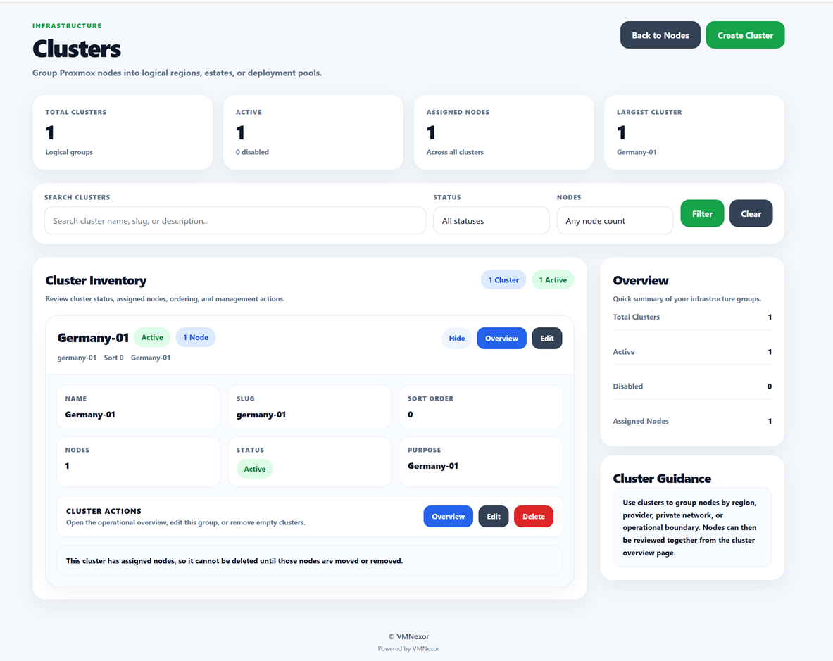 Cluster Management screenshot from VMNexor Proxmox VPS hosting automation platform