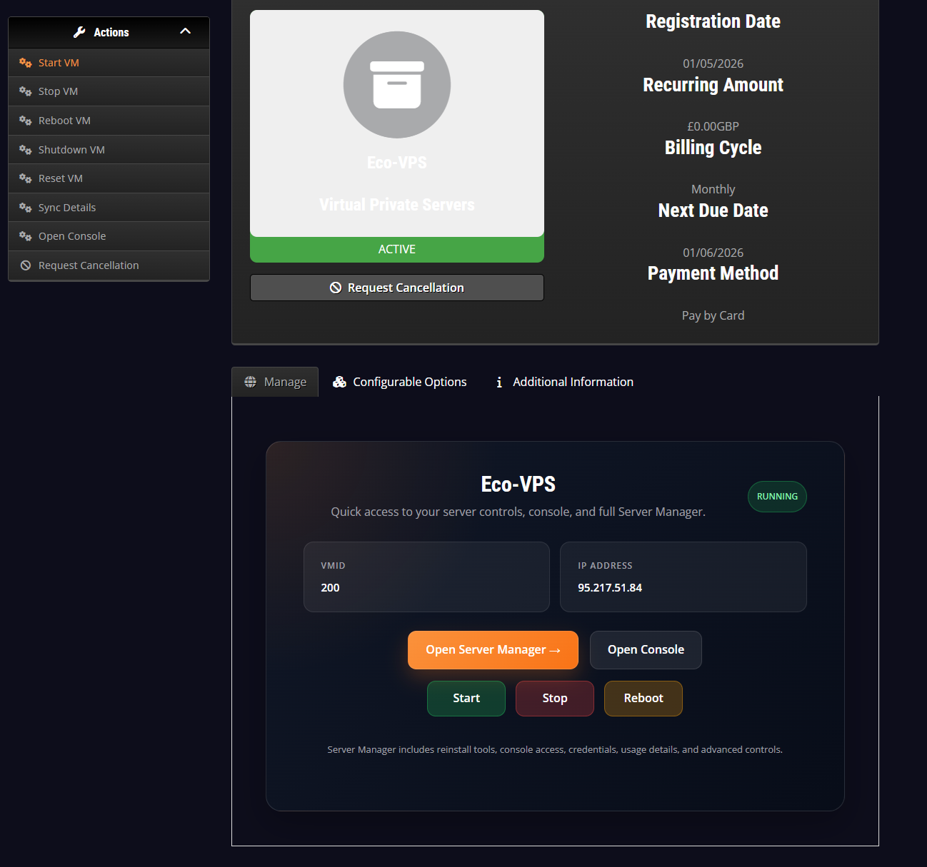 Customer Area Dark - VMNexor Mode screenshot from VMNexor Proxmox VPS hosting automation platform