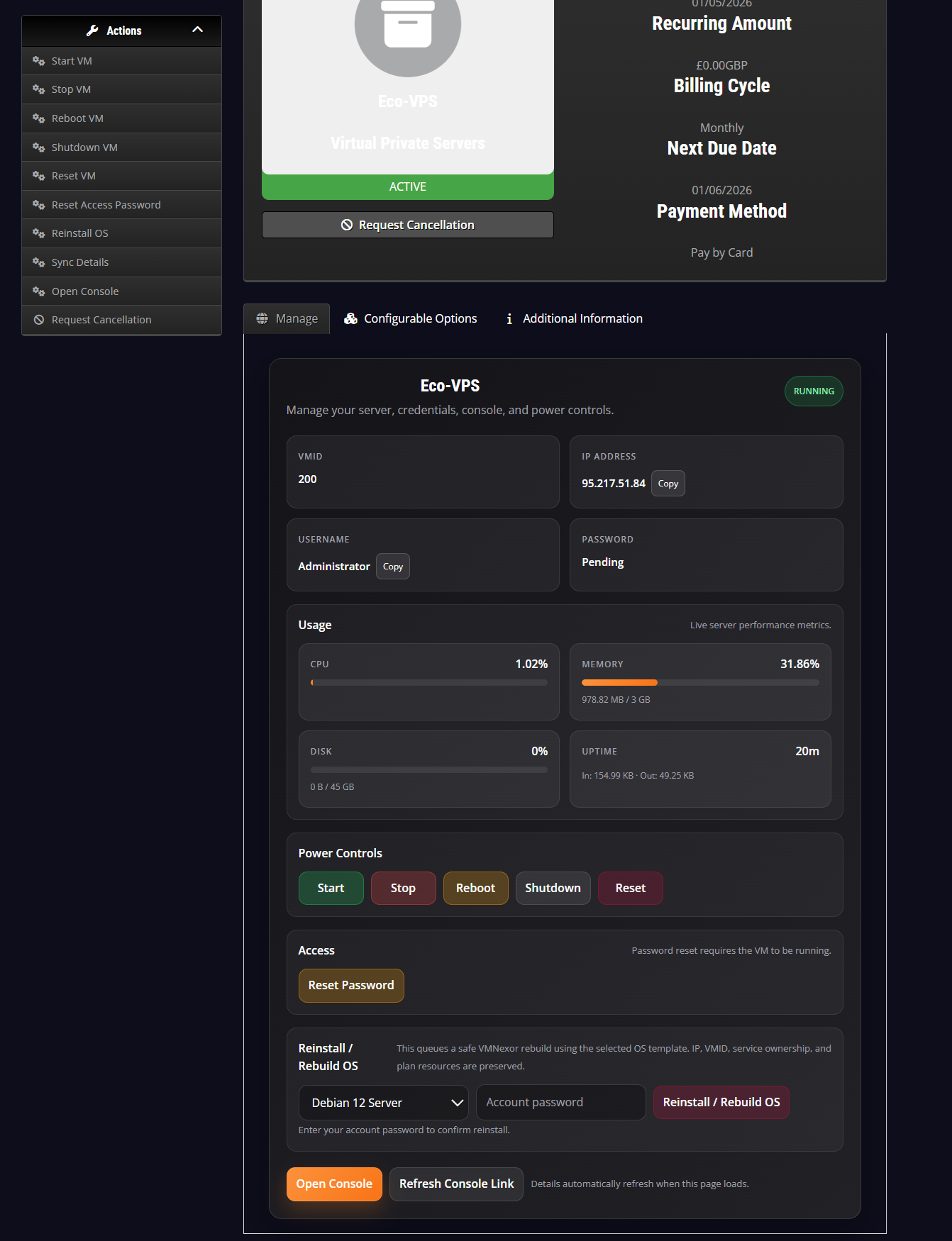 Customer Area Dark - WHMCS Mode screenshot from VMNexor Proxmox VPS hosting automation platform
