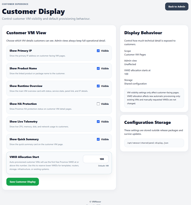 Customer Display screenshot from VMNexor Proxmox VPS hosting automation platform