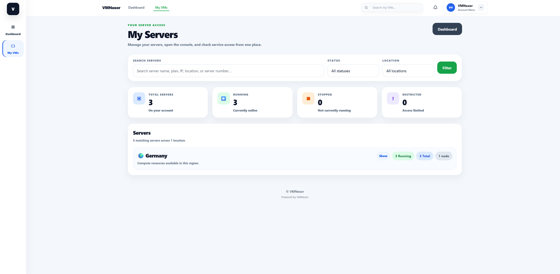 Customer My Servers 1 screenshot from VMNexor Proxmox VPS hosting automation platform
