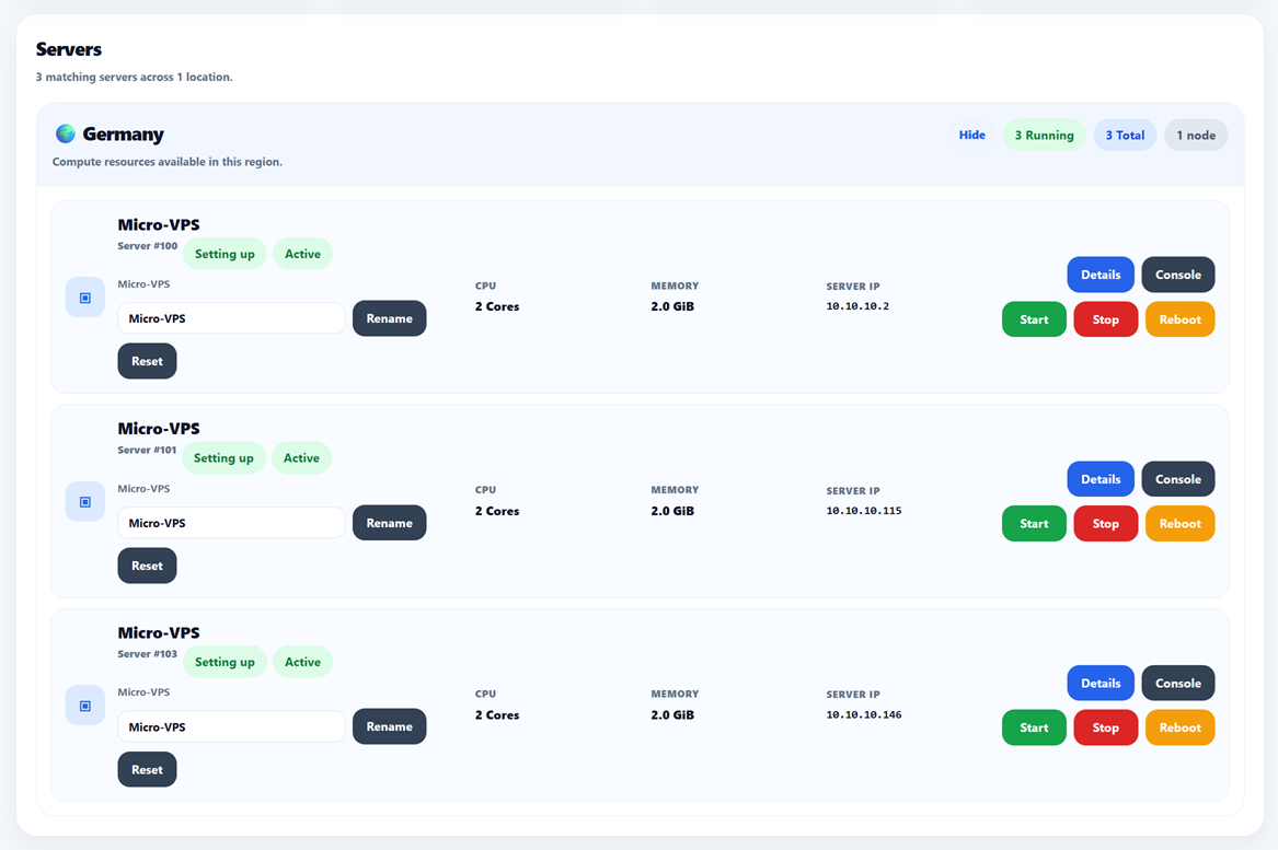 Customer My Servers 2 screenshot from VMNexor Proxmox VPS hosting automation platform