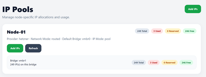 IP Pools 1 screenshot from VMNexor Proxmox VPS hosting automation platform