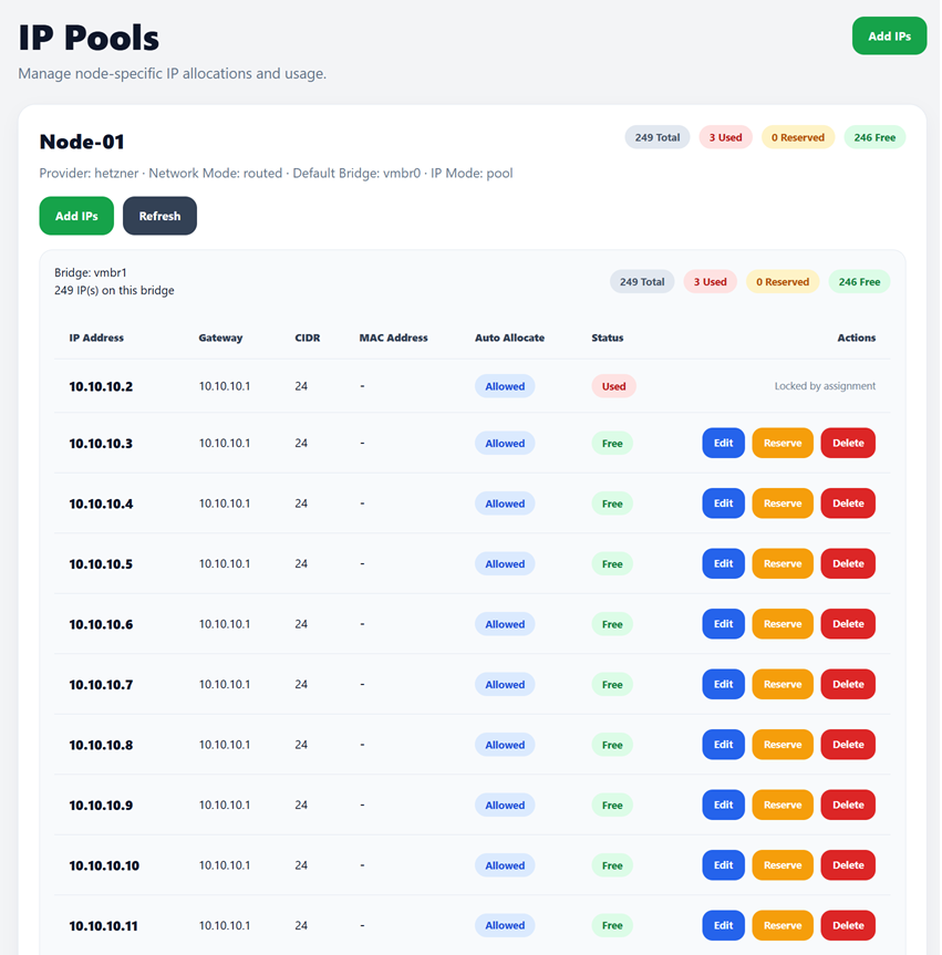 IP Pools 2 screenshot from VMNexor Proxmox VPS hosting automation platform