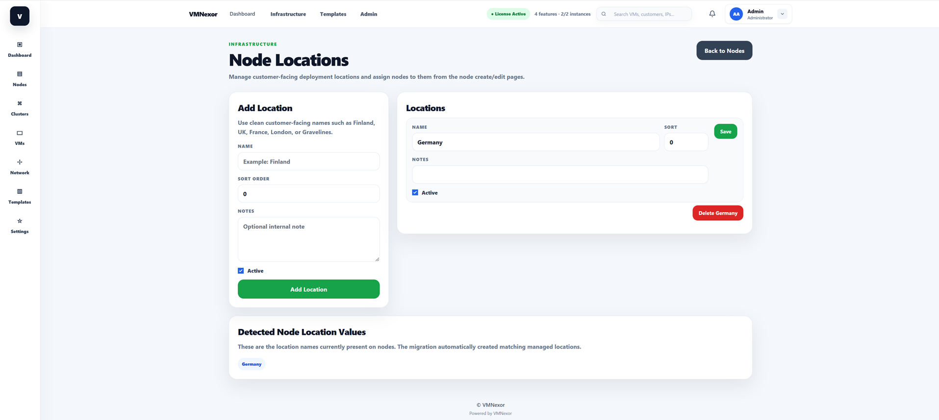 Locations screenshot from VMNexor Proxmox VPS hosting automation platform