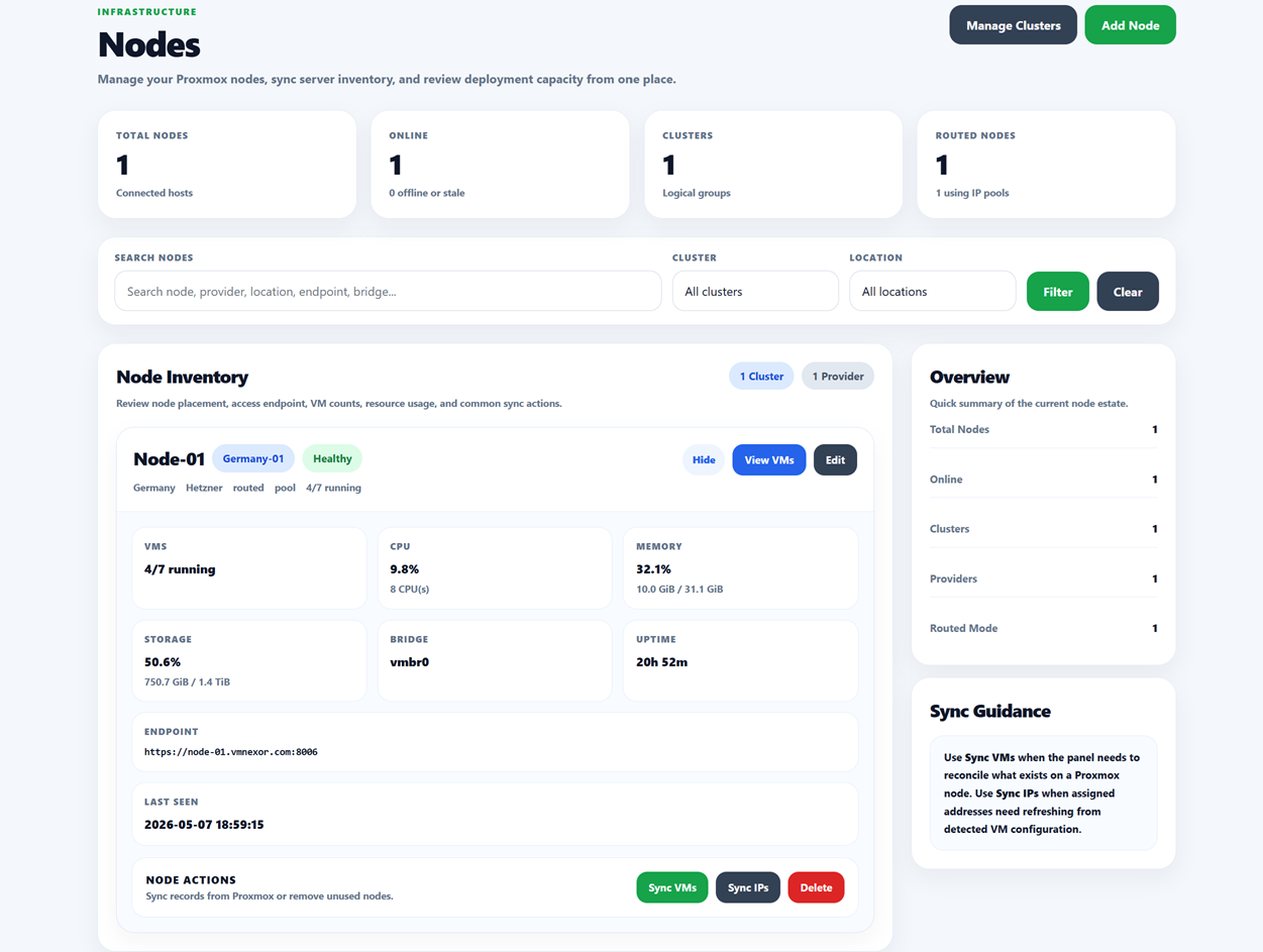 Node Management screenshot from VMNexor Proxmox VPS hosting automation platform