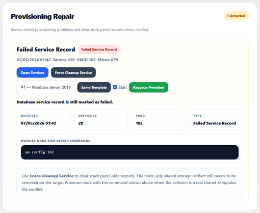 Provision Repair Assistant screenshot from VMNexor Proxmox VPS hosting automation platform
