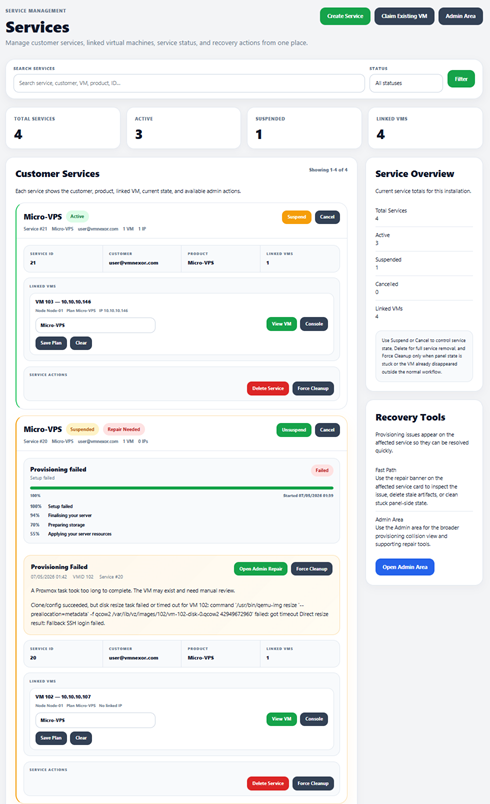 Services screenshot from VMNexor Proxmox VPS hosting automation platform