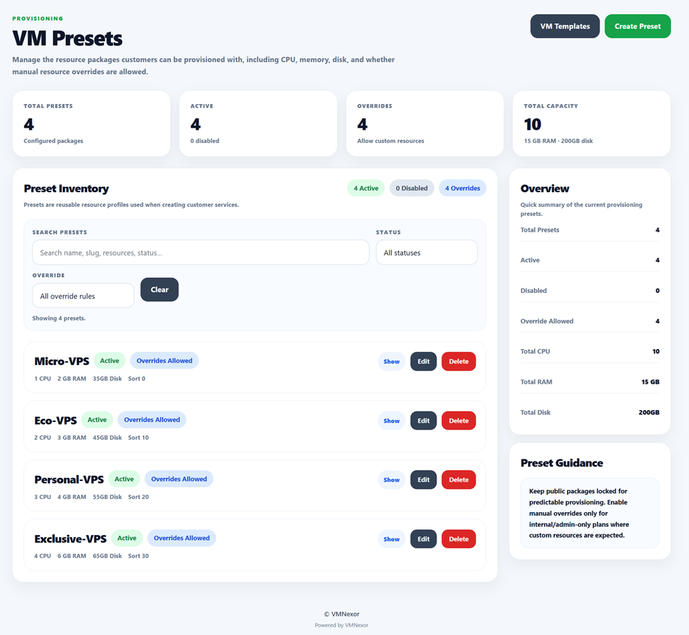 VM Presets screenshot from VMNexor Proxmox VPS hosting automation platform