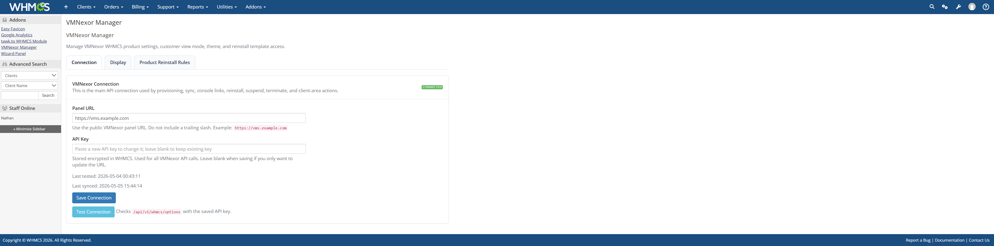 WHMCS Admin Connection screenshot from VMNexor Proxmox VPS hosting automation platform