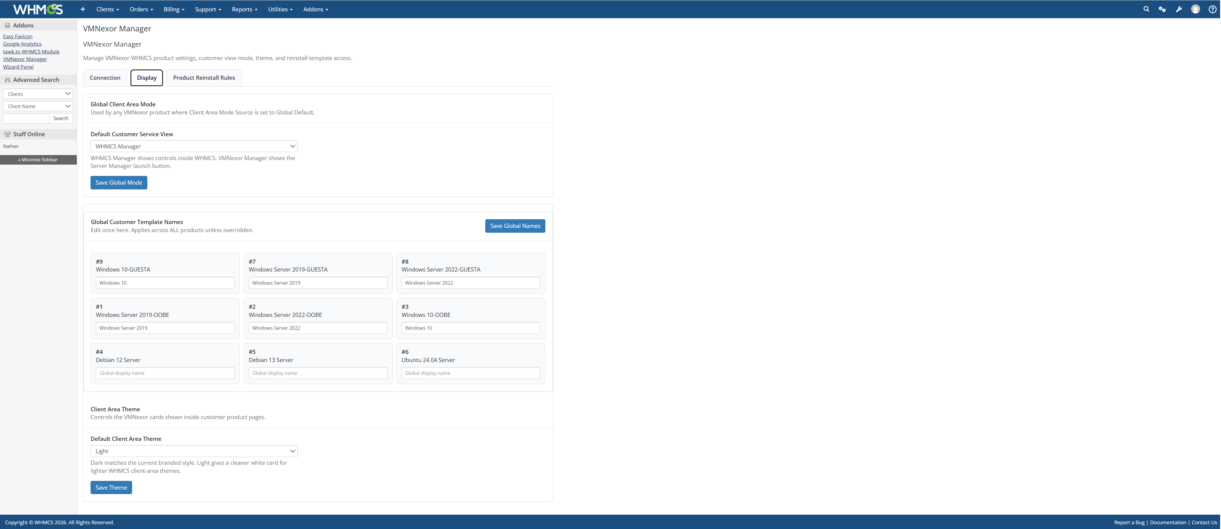 WHMCS Admin Display screenshot from VMNexor Proxmox VPS hosting automation platform