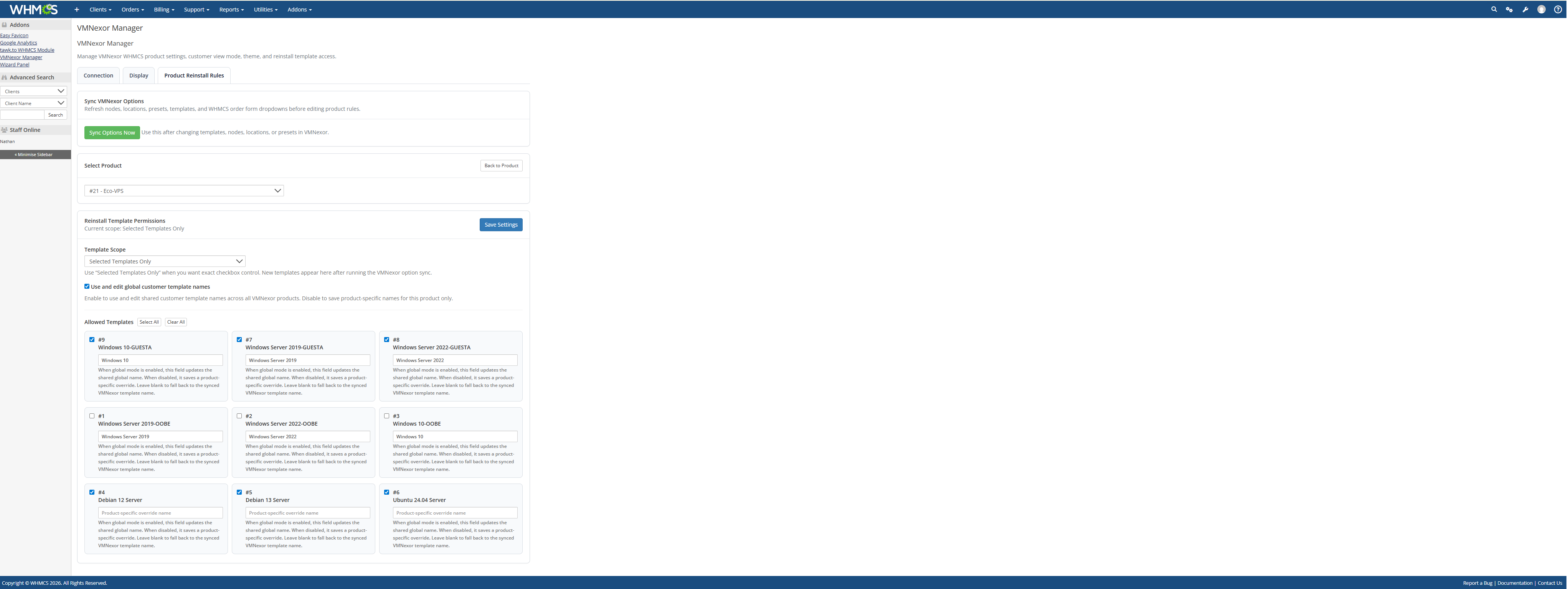 WHMCS Reinstall Rules screenshot from VMNexor Proxmox VPS hosting automation platform