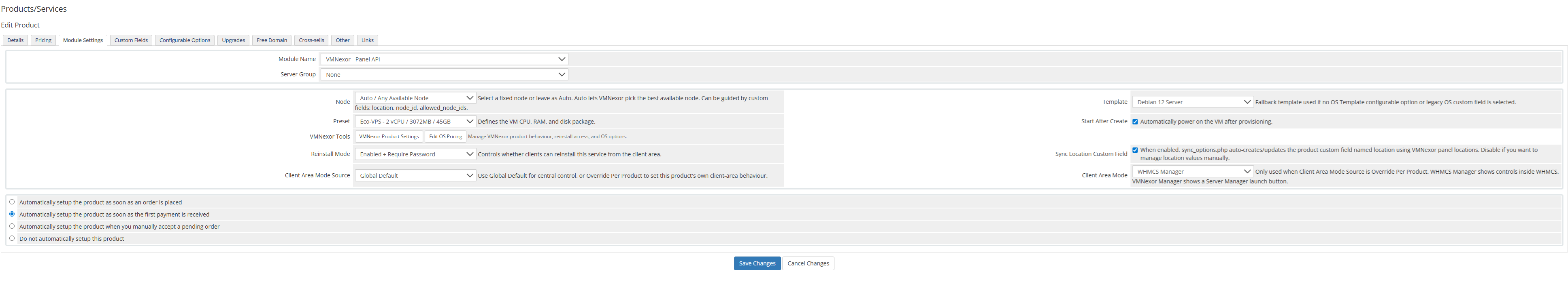 WHMCS Product Setup screenshot from VMNexor Proxmox VPS hosting automation platform